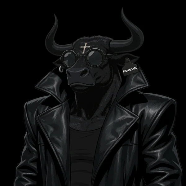 bullenciaga nft: a black bull with round sunglasses and a leather jacket on black