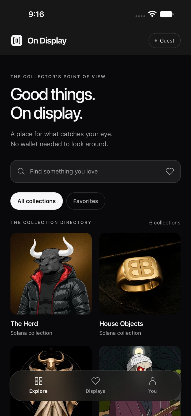 on display. prototype preview showing collection browsing with a black interface and frosted navigation